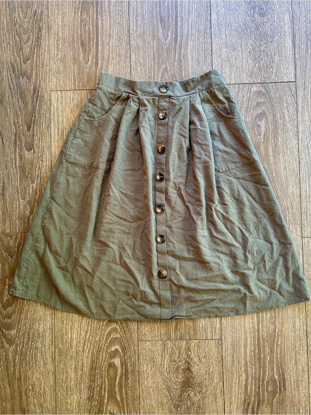 Button-Front Olive A-Line Skirt